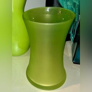 Lime green hourglass, cylinder vase. 8”